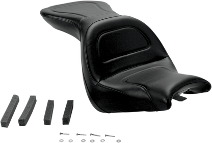 Black SADDLEMEN Explorer motorcycle seat without backrest, stitched design for VT1300R and S models, by Bill's Exhausts