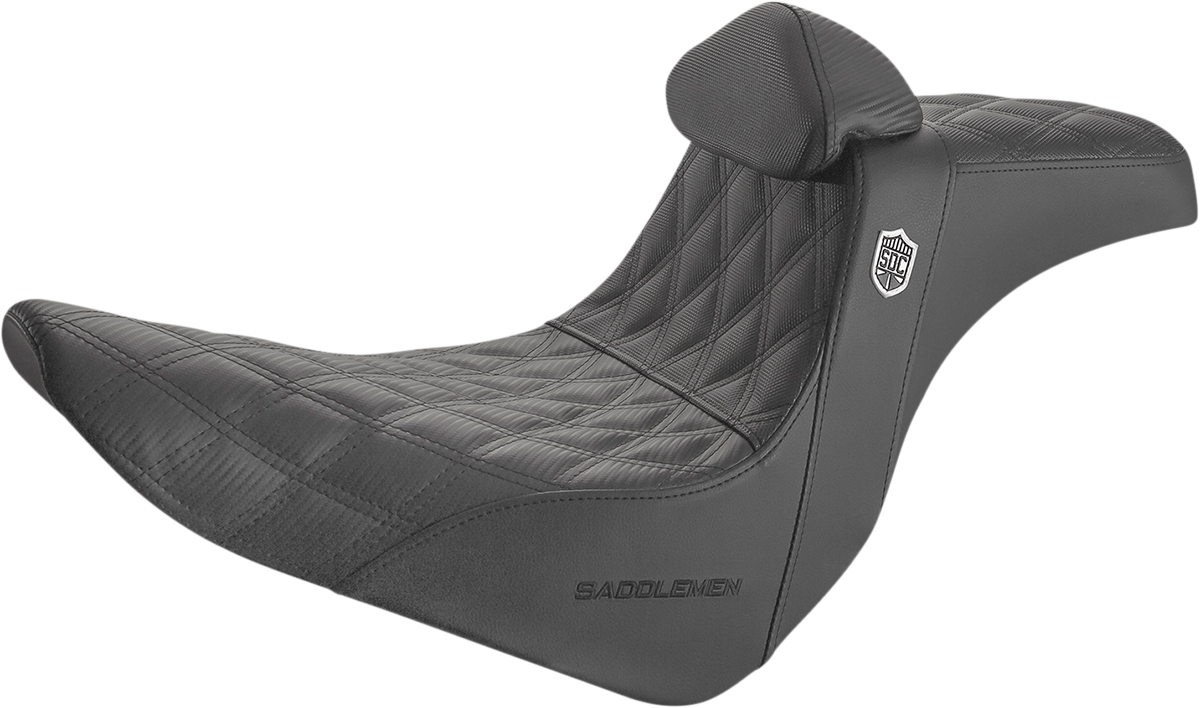 Black Saddlemens Pro Series SDC performance motorcycle seat with backrest, full lattice stitch, and lumbar gripper, designed for comfort.