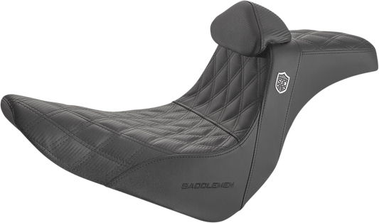 Black Saddlemens Pro Series SDC performance motorcycle seat with backrest, full lattice stitch, and lumbar gripper, designed for comfort.