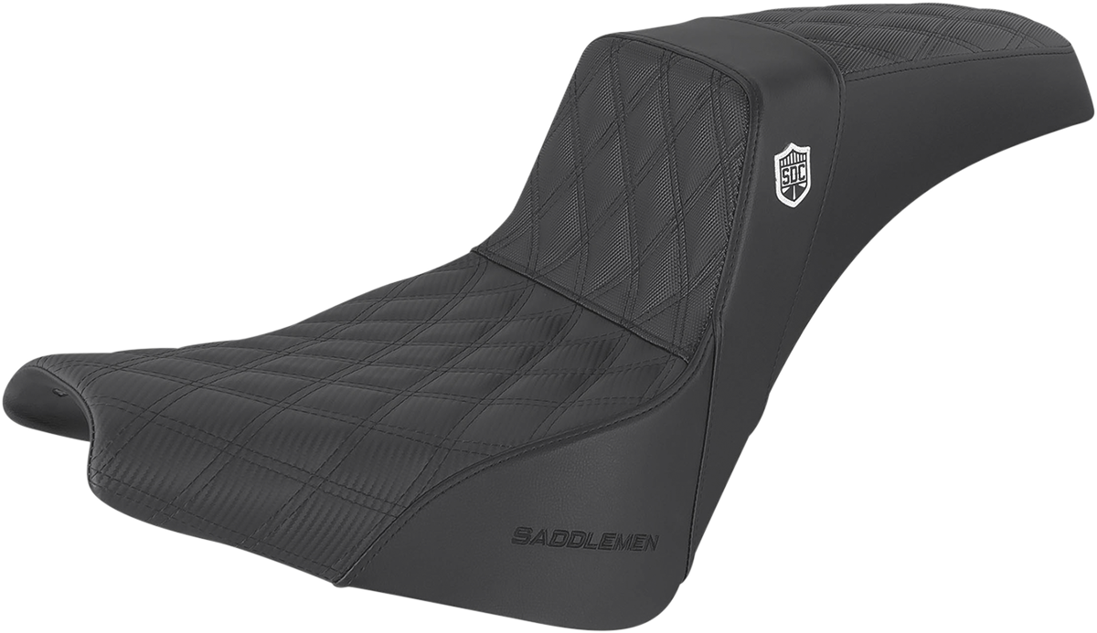 Black Saddlemen Pro Series SDC performance motorcycle seat with lattice stitch and lumbar gripper, designed for enhanced comfort.