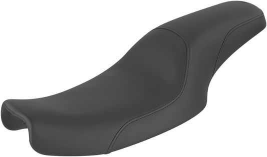 Black SADDLEMEN Profiler motorcycle seat with smooth finish, designed for Dyna models, showcasing sleek, contoured seat surface.