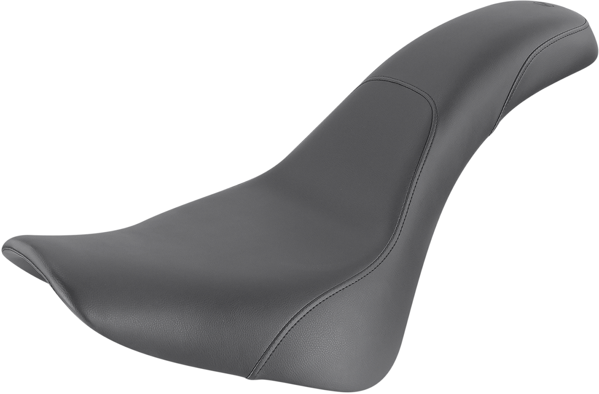 Black SADDLEMEN Profiler seat for Softail bikes, smooth and padded, designed for comfort and style on motorcycle saddles.