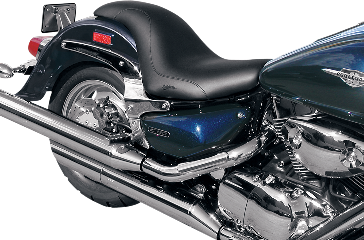 Black Saddlemen Profiler motorcycle seat for C90, smooth design, featuring a sleek, cushioned surface for comfortable riding.