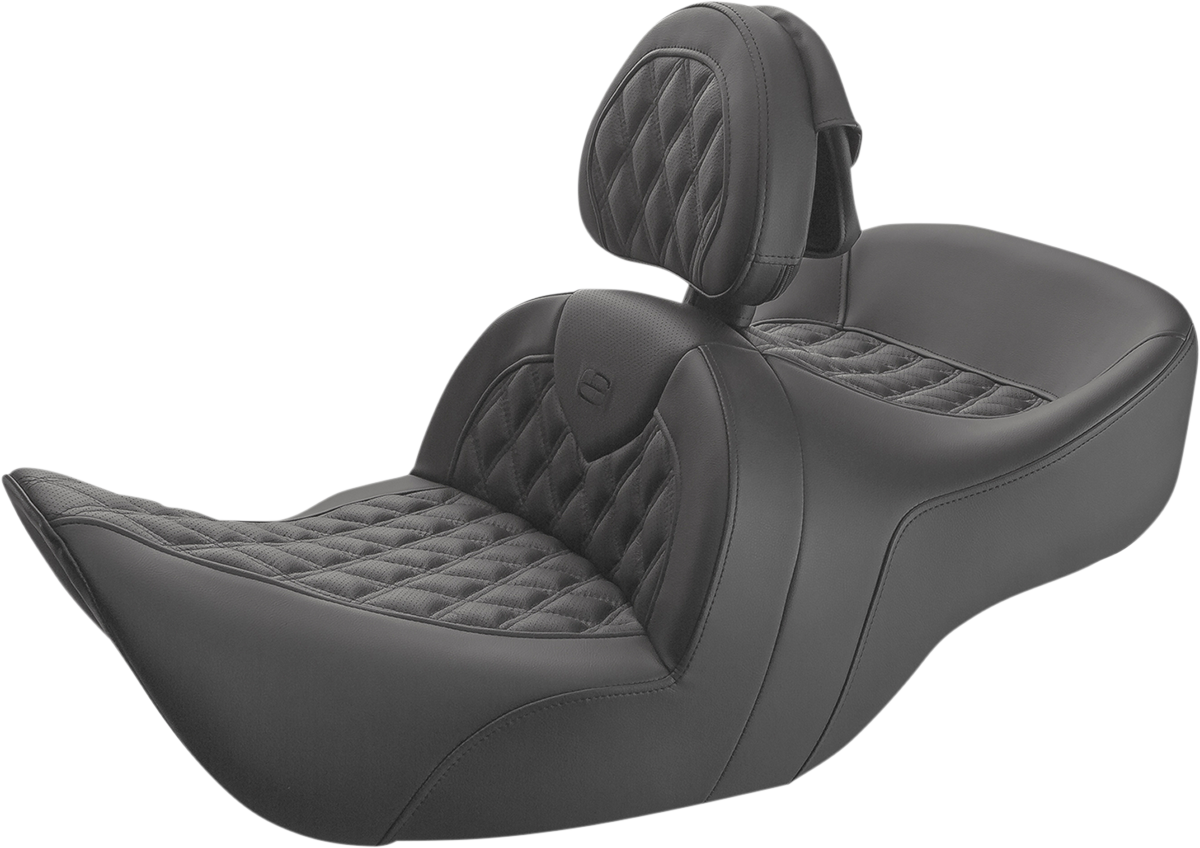 Black Saddlemens Roadsofa motorcycle seat with backrest and full lattice stitch design, for enhanced comfort and style.