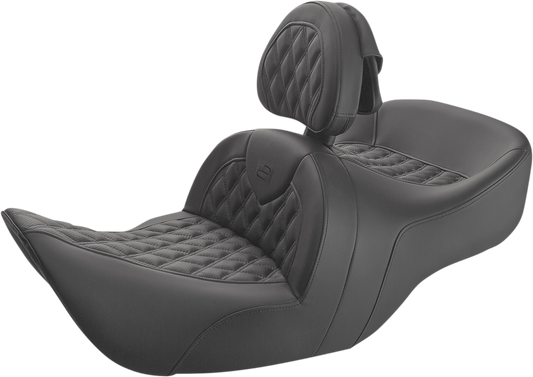 Black Saddlemens Roadsofa motorcycle seat with backrest and full lattice stitch design, for enhanced comfort and style.