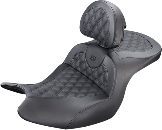Black SADDLEMEN Roadsofa seat with backrest, full lattice stitch design, for motorcycles, featuring comfortable cushioning.