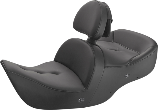 Black Saddlemen Roadsofa seat with backrest and pillow top, designed for comfort and heated features, compatible with motorcycle.