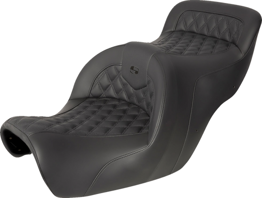 Black Saddlemens Roadsofa motorcycle seat with full lattice stitch, without backrest, designed for road use.