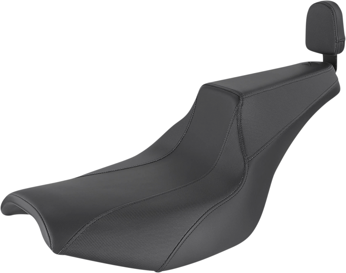 Black Saddlemen Signature Series motorcycle seat with passenger backrest pad and gripper, designed for comfort and style.