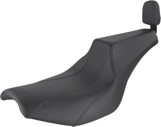 Black Saddlemen Signature Series motorcycle seat with passenger backrest pad and gripper, designed for comfort and style.