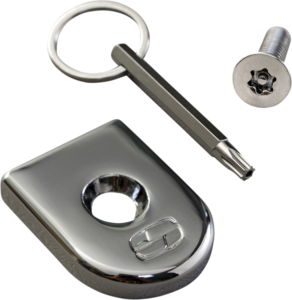 Chrome SADDLEMEN Security Seat Screw for motorcycle seats, designed for secure attachment by Bill's Exhausts.