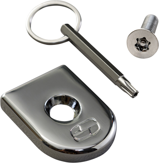 Chrome SADDLEMEN Security Seat Screw for motorcycle seats, designed for secure attachment by Bill's Exhausts.