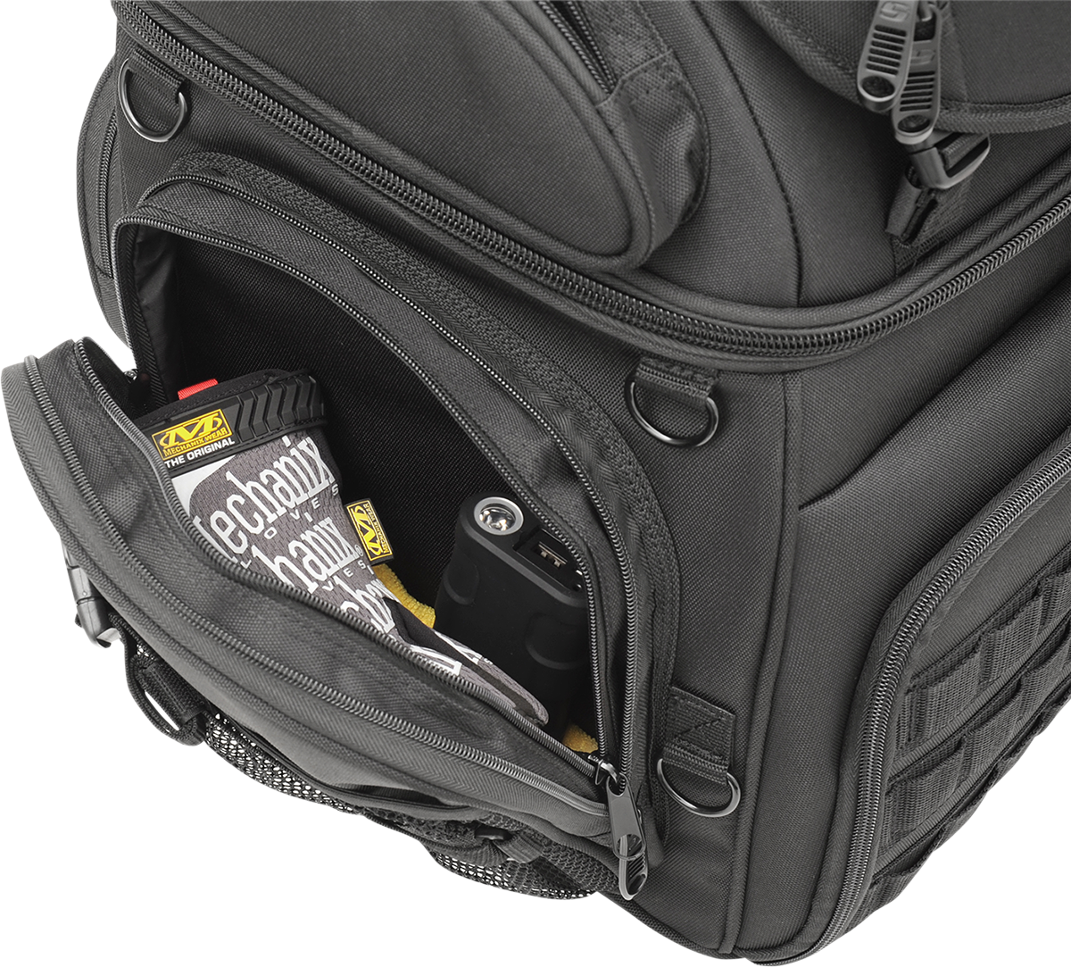 Bill's Exhausts Saddlemen Sissy Bar Bag BR3400 Tactical with durable black seat design for motorcycle luggage storage