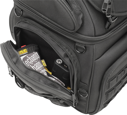 Bill's Exhausts Saddlemen Sissy Bar Bag BR3400 Tactical with durable black seat design for motorcycle luggage storage