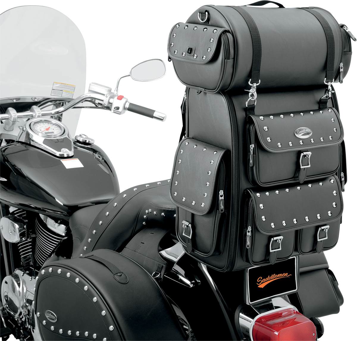 Bill's Exhausts Sissy Bar Bag Desperado for Saddlemens motorcycle seat, durable storage with sleek design.