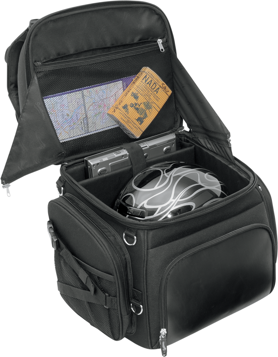 Bill's Exhausts Sissy Bar Bag seat for motorcycle, featuring the Saddlemens branding and secure storage for riding gear.