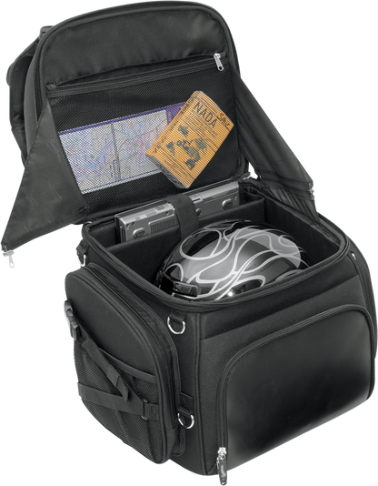 Bill's Exhausts Sissy Bar Bag seat for motorcycle, featuring the Saddlemens branding and secure storage for riding gear.