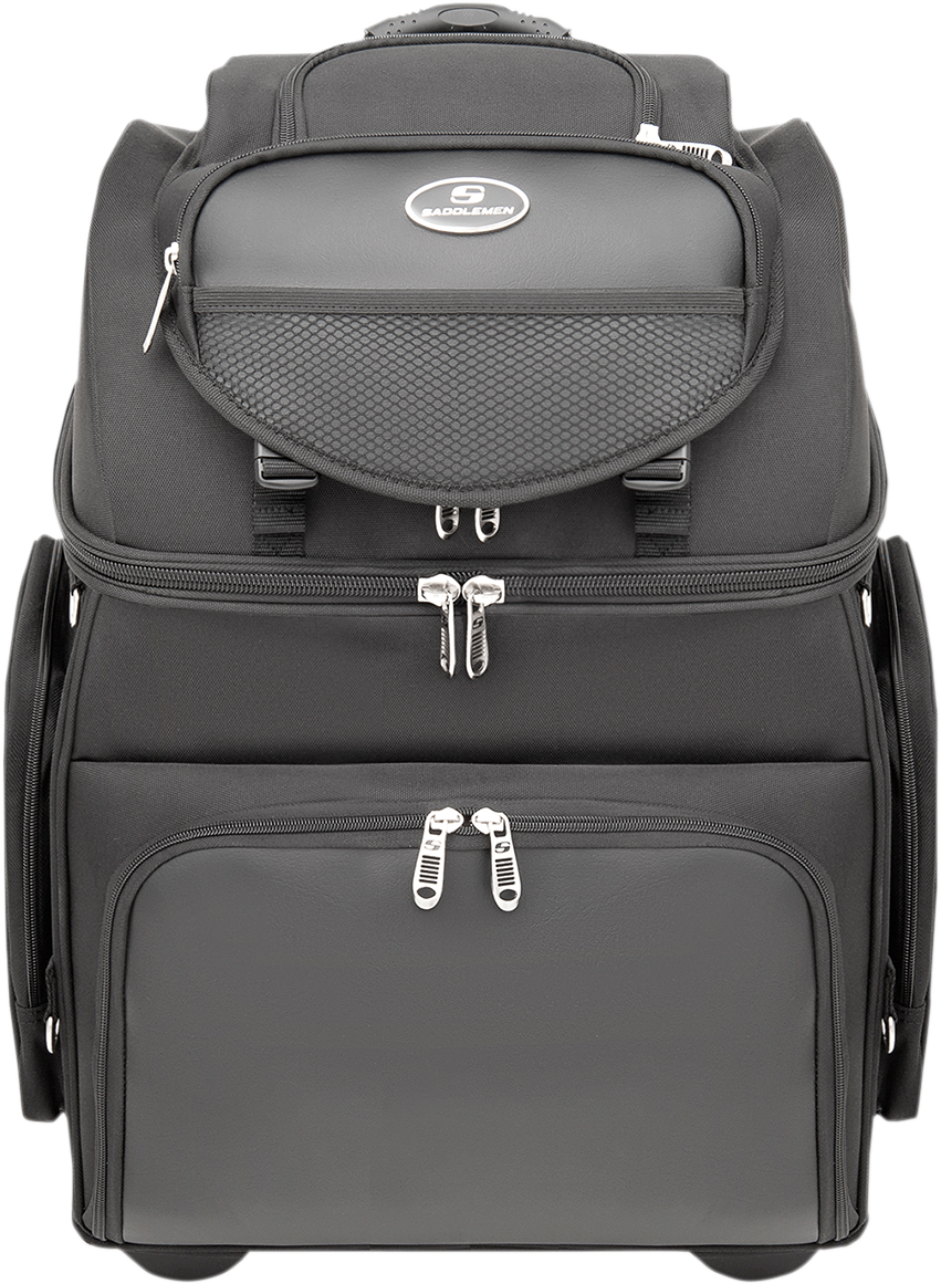 Bill's Exhausts Sissy Bar Bag for Saddlemens seats, durable motorcycle storage with secure straps and spacious design.
