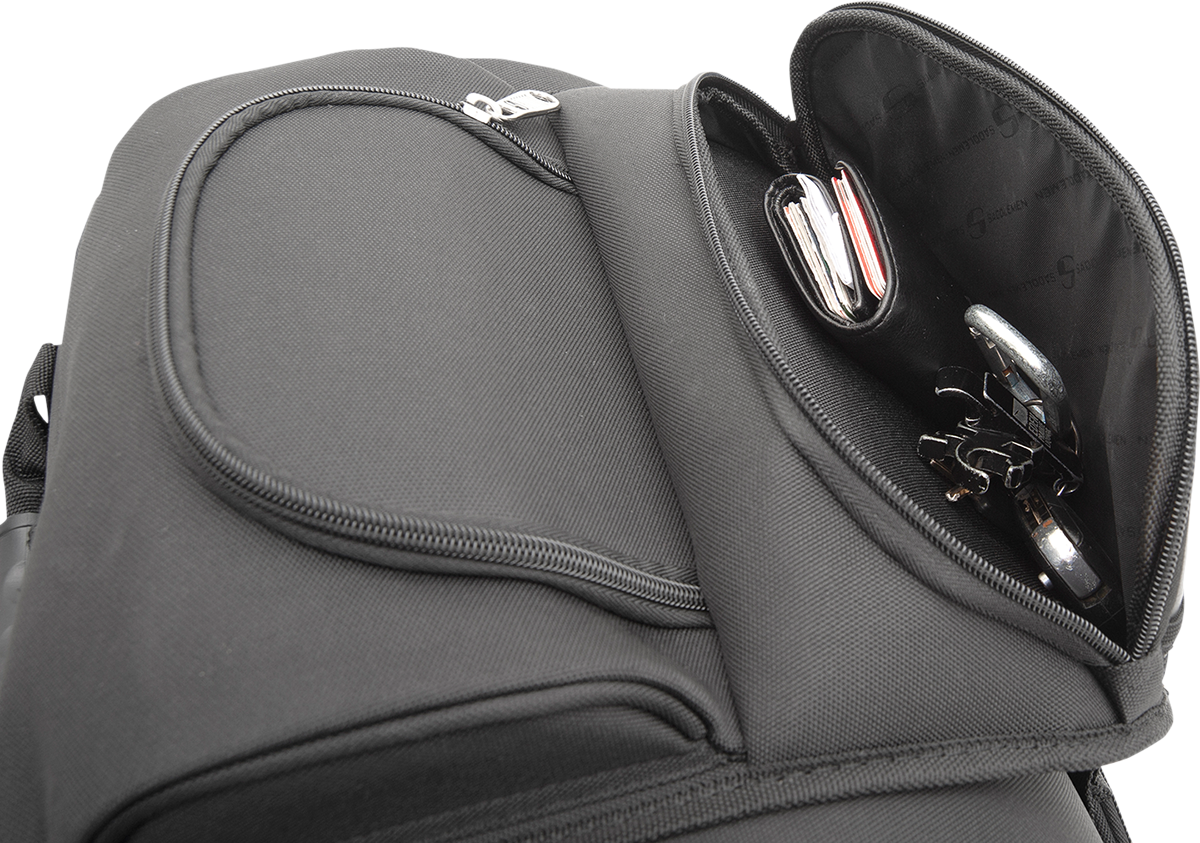 Bill's Exhausts Sissy Bar Bag seat for motorcycles, featuring saddlebag storage with secure attachment and durable design.