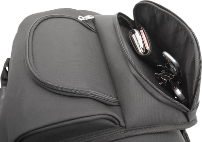 Bill's Exhausts Sissy Bar Bag seat for motorcycles, featuring saddlebag storage with secure attachment and durable design.