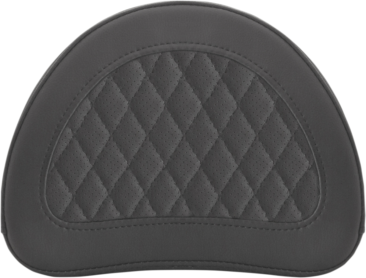 Black Sissy Bar Pad by Saddlemens with lattice stitching, designed for motorcycle seats, shown on a bike seat.