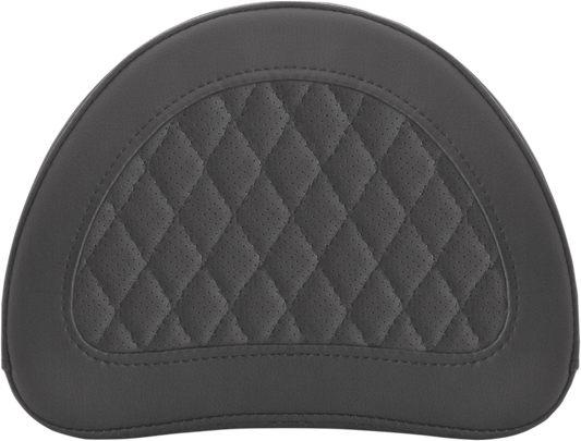 Black Sissy Bar Pad by Saddlemens with lattice stitching, designed for motorcycle seats, shown on a bike seat.