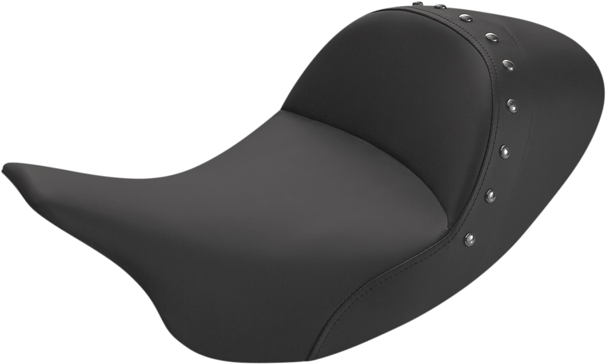 Bill's Exhausts saddlemen solo seat, low-profile, studded design for FL models 2008-2023, black leather with decorative studs.