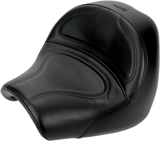Bill's Exhausts Solo Seat for Yamaha XVS1600 motorcycle, black leather saddle with sleek, streamlined design.