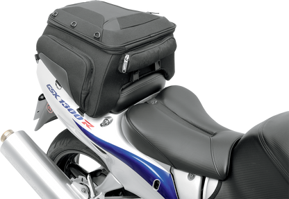 Saddlemens Sport Tunnel Bag wide seat for motorcycle, designed for comfort and storage, shown on a bike seat.