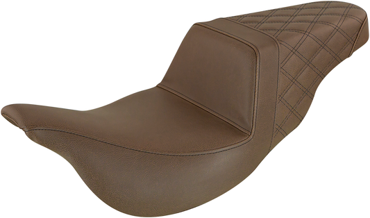 Brown SADDLEMEN Step-Up Seat with extended reach and rear lattice stitch for 2008-2023 Harley FL models, by Bill's Exhausts.
