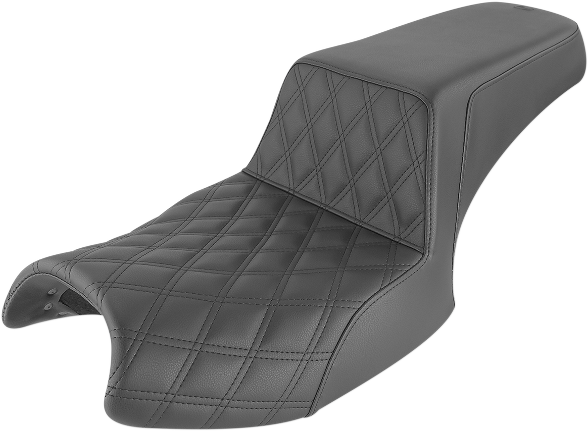 Black SADDLEMEN Step Up Seat for Challenger I20-06-172, front lattice and rear smooth design, motorcycle seat by Bill's Exhausts