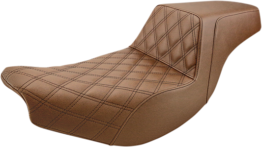 Brown SADDLEMEN Step Up Seat for Indian motorcycle, front lattice and rear smooth design, by Bill's Exhausts.