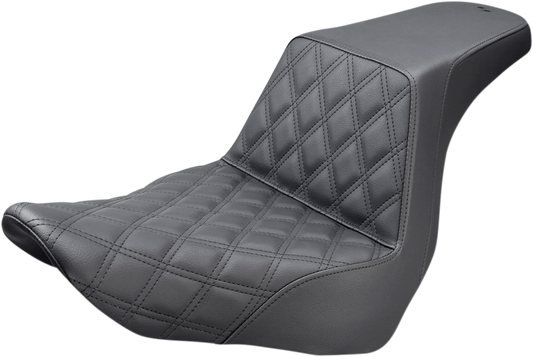 Black SADDLEMEN Step-Up Seat with front lattice stitch for motorcycles, designed by Bill's Exhausts.