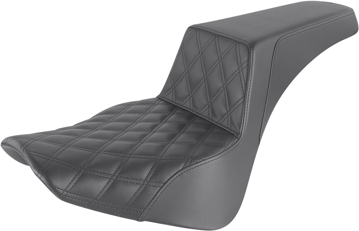 Black SADDLEMEN Step-Up Seat with front lattice stitch, designed for motorcycle, showcasing detailed stitching and sleek design.