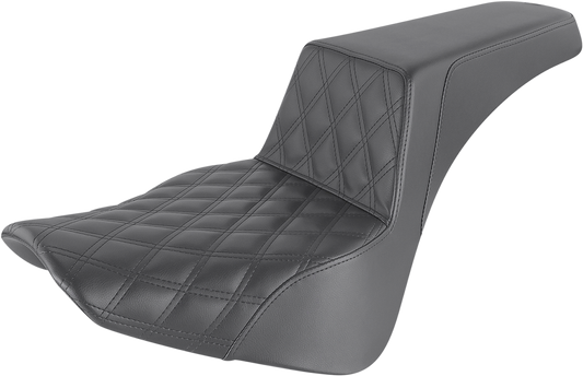 Black SADDLEMEN Step-Up Seat with front lattice stitch, designed for motorcycle, showcasing detailed stitching and sleek design.