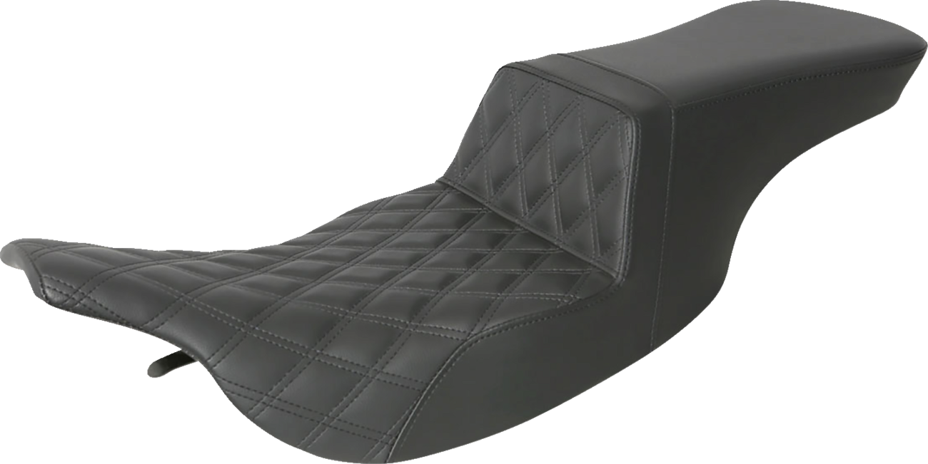 Bill's Exhausts SADDLEMEN Step-Up Seat with front lattice stitch in black, designed for motorcycle comfort and style.