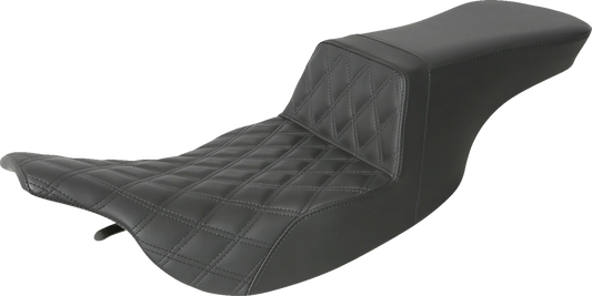 Bill's Exhausts SADDLEMEN Step-Up Seat with front lattice stitch in black, designed for motorcycle comfort and style.