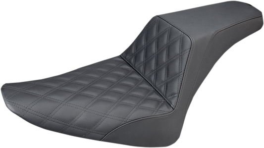 Black SADDLEMEN Step-Up Seat with front lattice stitch for motorcycles, featuring a sleek design and durable construction.