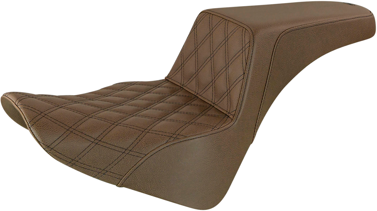 Brown SADDLEMEN Step-Up Seat with front lattice stitch for motorcycles, featuring a sleek, comfortable design and durable construction.