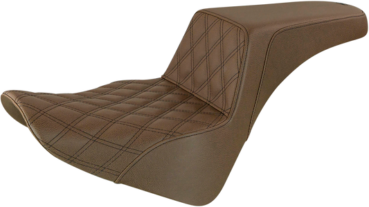 Brown SADDLEMEN Step-Up Seat with front lattice stitch for motorcycles, featuring a sleek, comfortable design and durable construction.