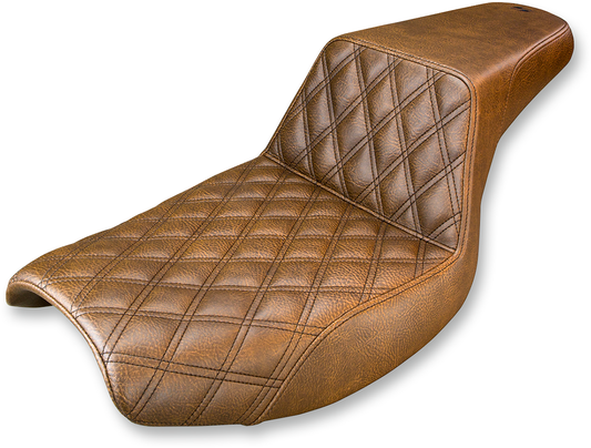 Brown SADDLEMEN Step-Up Seat with front lattice stitch for FXR motorcycles, featuring a sleek, contoured design.
