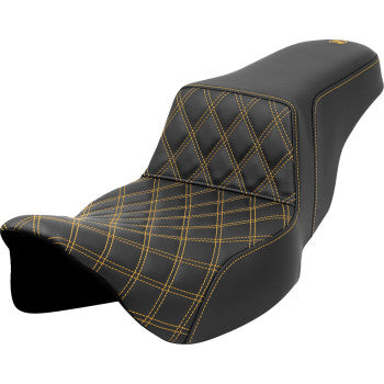 Saddlemens Step-Up Seat for Harley FLH/FLT with front lattice stitch and gold accents, extended reach for enhanced comfort.