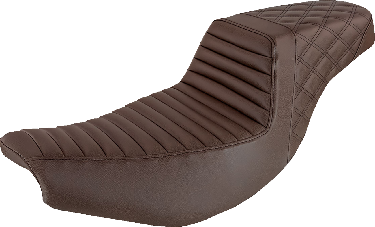 Brown SADDLEMEN Step Up Seat for Indian motorcycle, front Tuck-n'-Roll and rear lattice design, by Bill's Exhausts.