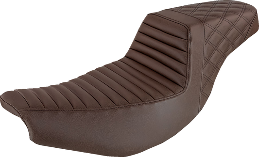 Brown SADDLEMEN Step Up Seat for Indian motorcycle, front Tuck-n'-Roll and rear lattice design, by Bill's Exhausts.