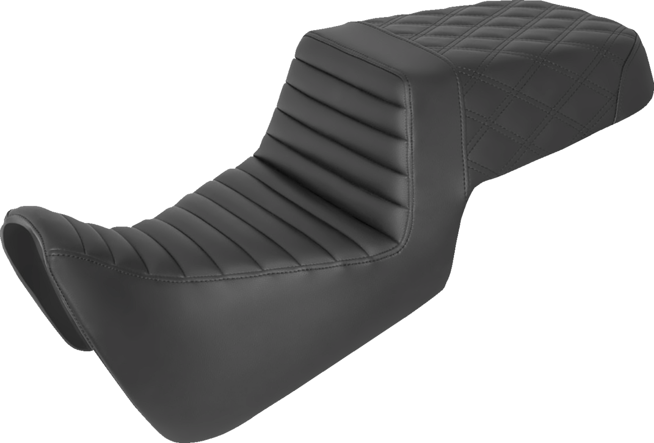 Black SADDLEMEN Step Up Seat with tuck-n-roll front and lattice stitch rear for motorcycle, designed for comfort and style.