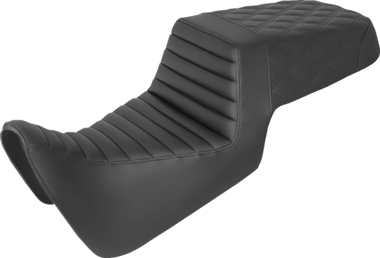 Black SADDLEMEN Step Up Seat with tuck-n-roll front and lattice stitch rear for motorcycle, designed for comfort and style.