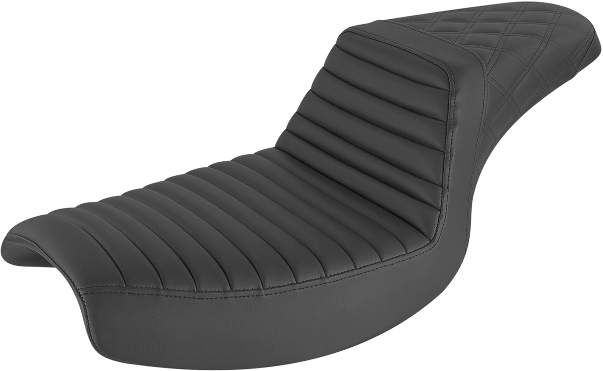 Black SADDLEMEN Step-Up Seat for motorcycles with front tuck-n-roll and rear lattice stitch, designed for comfort and style.