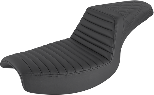 Black SADDLEMEN Step-Up Seat for motorcycles with front tuck-n-roll and rear lattice stitch, designed for comfort and style.