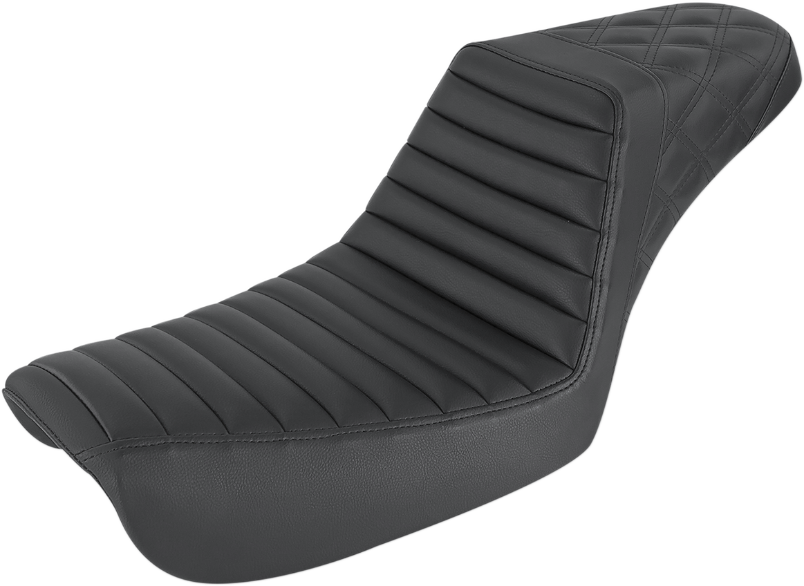 Black SADDLEMEN Step-Up Seat for FXD with tuck-n-roll front and lattice stitch rear, designed for Harley-Davidson motorcycles.