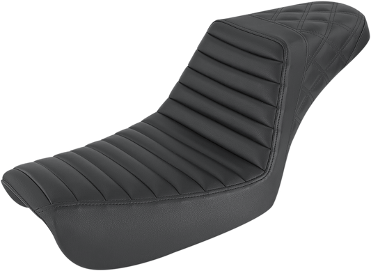 Black SADDLEMEN Step-Up Seat for FXD with tuck-n-roll front and lattice stitch rear, designed for Harley-Davidson motorcycles.